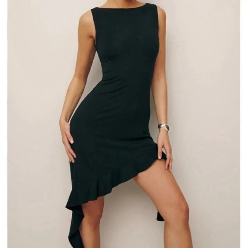 Reformation New Authentic Solid Black Tank Ruffle Quinley Knit Mini Dress Xs